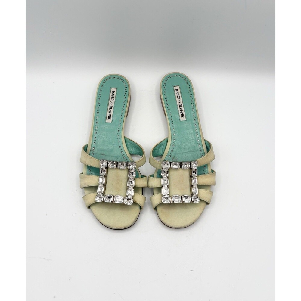 Manolo Blahnik Light Green Satin Crystal Embellished Flats Slides Size EU 38